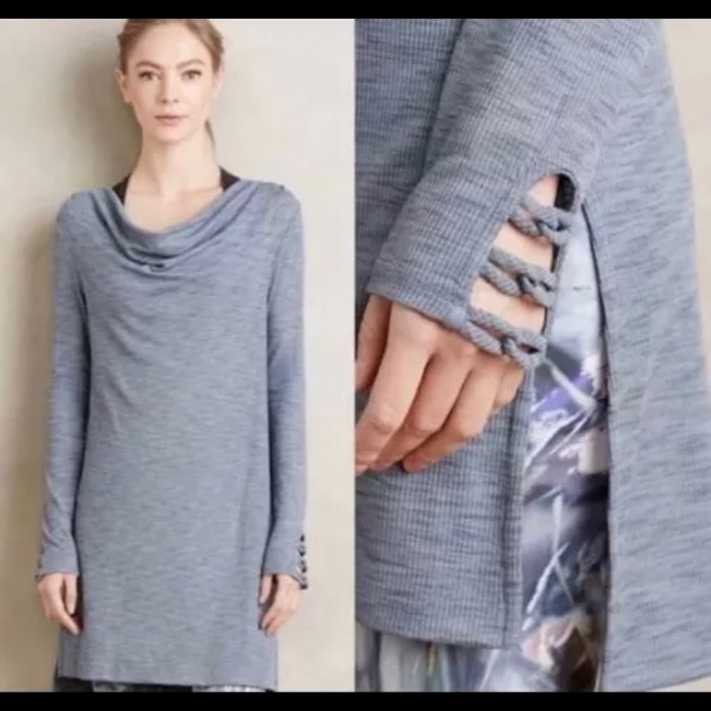 Pure + Good | Blue Marled Scoop Neck Ribbed Long Sleeve midi Dress